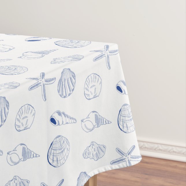 Blue White Hand Drawn Sea Shells Beach Summer  Tablecloth (In Situ)