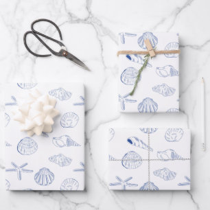 Blue White Hand Drawn Sea Shells Beach Summer  Wrapping Paper Sheet