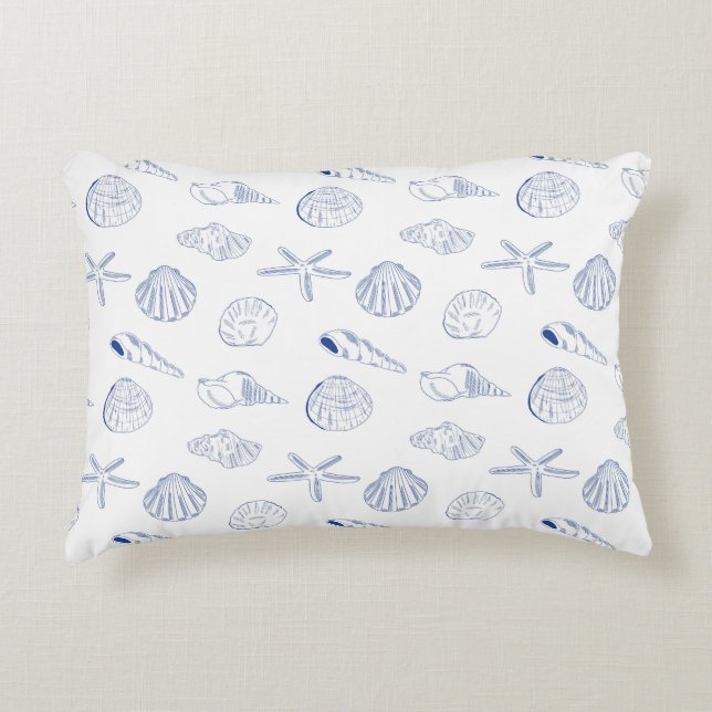 Blue White Hand Drawn Seashells Beach Summer  Decorative Cushion (Front)