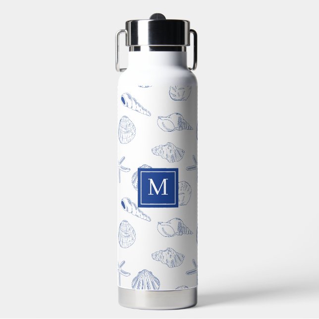 Blue White Hand Drawn Seashells Beach Summer  Water Bottle (Front)