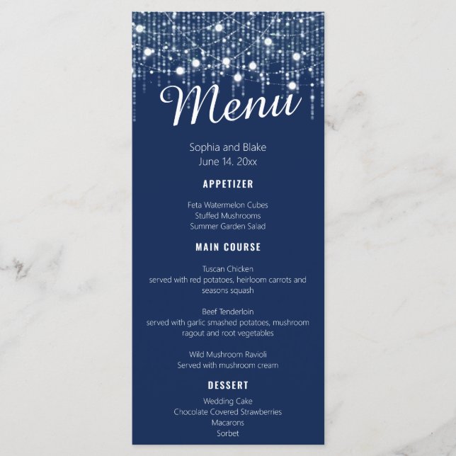 Blue & White Hanging Lights Wedding Flat Menu (Front)