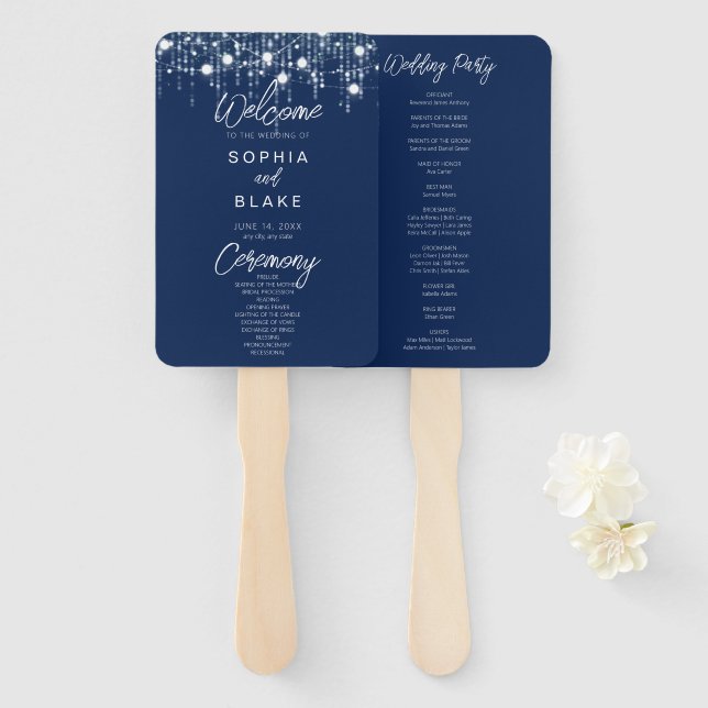 Blue & White Hanging Lights Wedding Program Hand Fan (Front and Back)