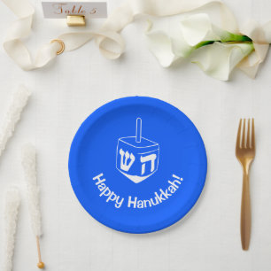 Blue White Hanukkah Dreidel Holidays Paper Plate