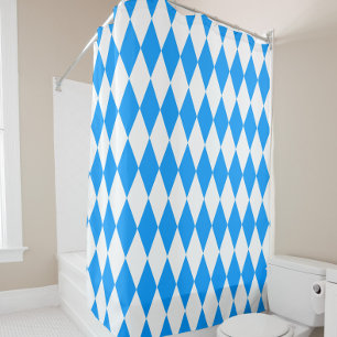Blue White Harlequin Diamonds Checkers Design  Shower Curtain