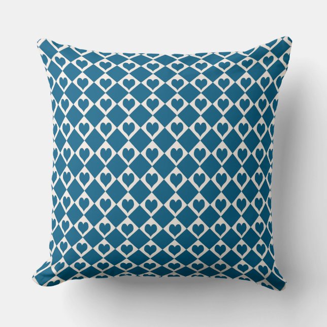 Blue White Heart Chequered Pattern Cushion (Front)