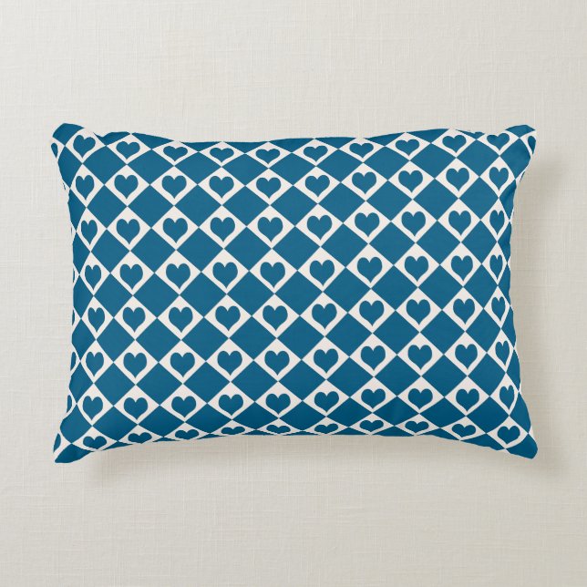 Blue White Heart Chequered Pattern Decorative Cushion (Front)