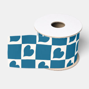 Blue White Heart Chequered Pattern Grosgrain Ribbon