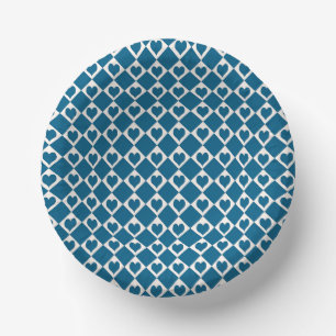 Blue White Heart Chequered Pattern Paper Plate
