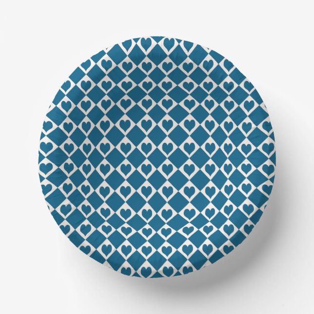 Blue White Heart Chequered Pattern Paper Plate (Front)