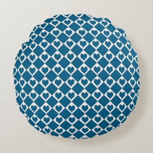 Blue White Heart Chequered Pattern Round Cushion
