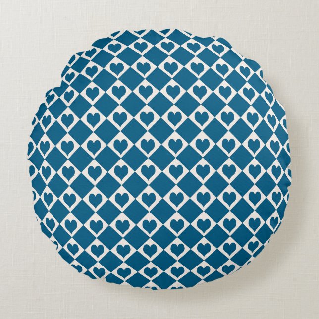 Blue White Heart Chequered Pattern Round Cushion (Front)