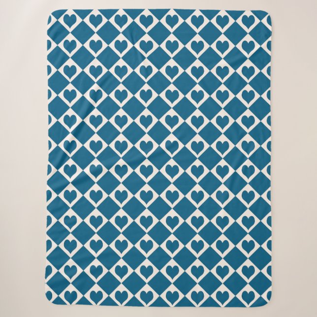 Blue White Heart Chequered Pattern Sherpa Blanket (Front)