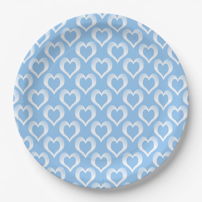 Blue White Hearts Pattern Paper Plate (Front)