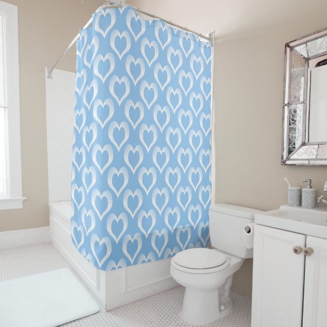 Blue White Hearts Pattern Shower Curtain (In Situ)
