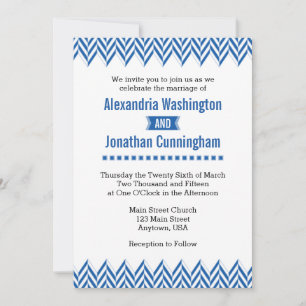 Blue White Herringbone Wedding Invitation