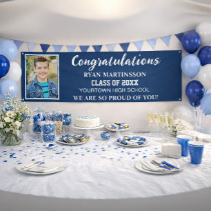 Blue White High School College Graduation Photo Banner