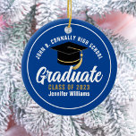 Blue White High School Graduate Personalised 2025 Ceramic Ornament<br><div class="desc">This modern blue and white custom senior graduate Christmas ornament features classy white typography of your high school or college name for the class of 2025. Customise with your graduating year under the chic black handwritten script and black grad cap for a great personalised graduation gift.</div>
