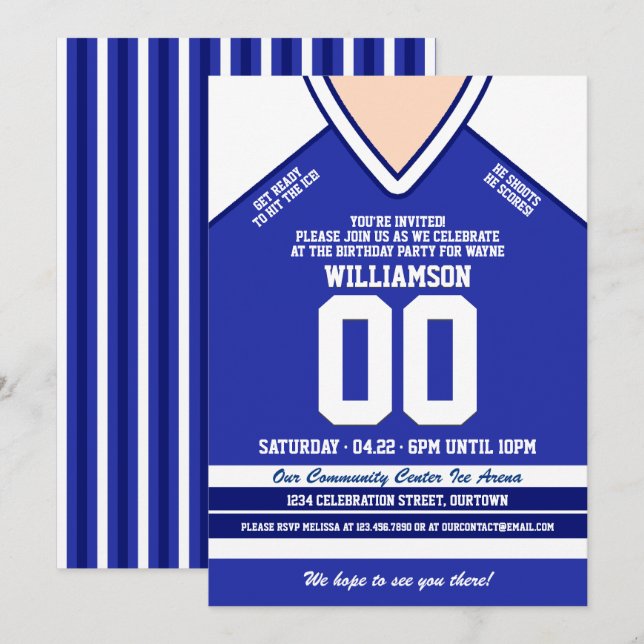 Blue/White Hockey Jersey Birthday Party Invitation (Front/Back)