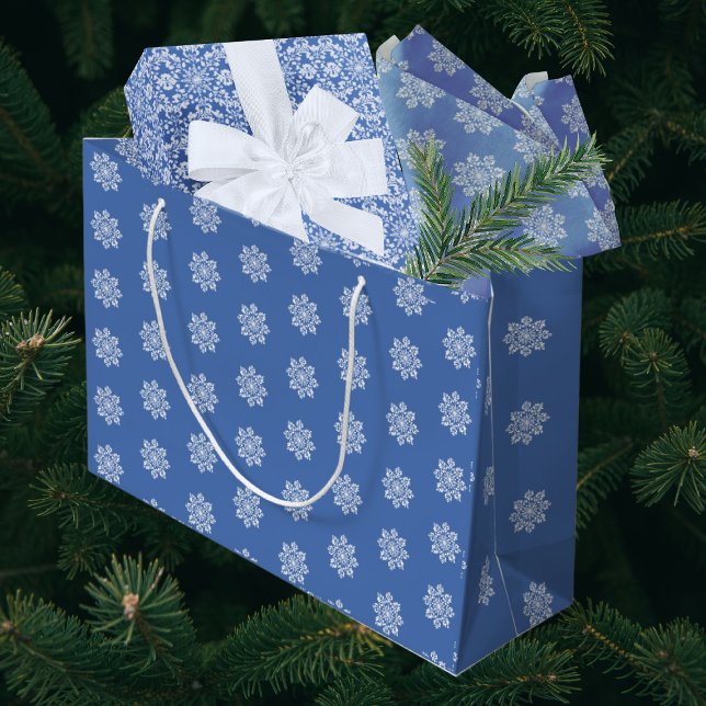 Blue White Holiday Chinoiserie Snowflake  Large Gift Bag (Cheerful white snowflakes!)