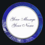 Blue White Holiday Custom Stickers<br><div class="desc">Winter holiday art with an elegant pattern of pine boughs and pinecones in blue and white on an icy background of blues and violet. Add your own personal message to this sticker!</div>
