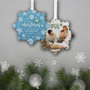 Blue White Holly Snowflakes Merry Christmas Photo Tree Decoration Card