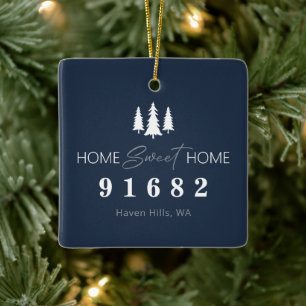 Blue White Home Sweet Home Photo Zip Code Ceramic Ornament