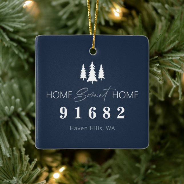 Blue White Home Sweet Home Photo Zip Code Ceramic Ornament (Tree)