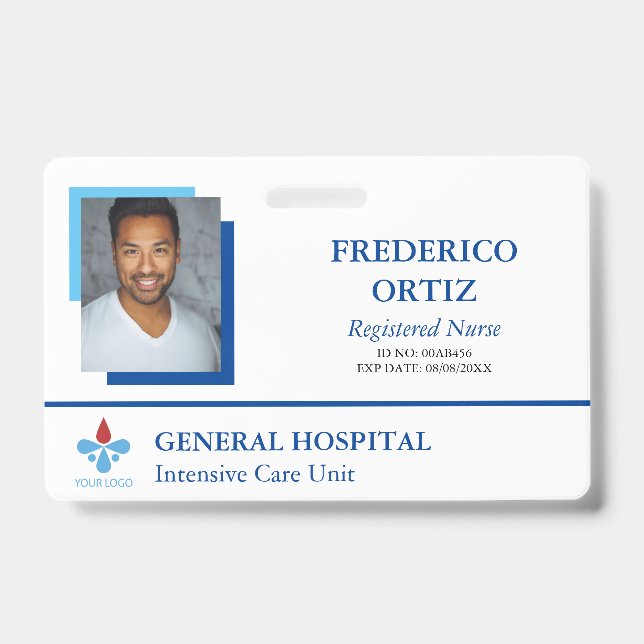 Blue & White Hospital Employee ID Your Logo Badge (Front)
