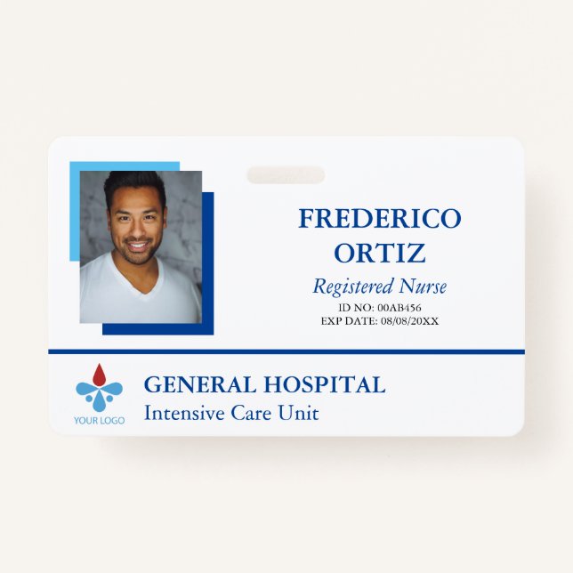 Blue & White Hospital Employee ID Your Logo ID Badge (Front)