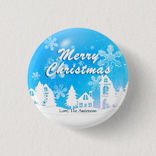 Blue White House Snowflakes Xmas Happy New Year  3 Cm Round Badge