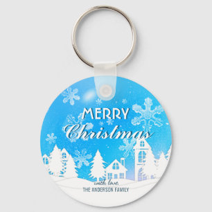 Blue White House Snowflakes Xmas Happy New Year Key Ring