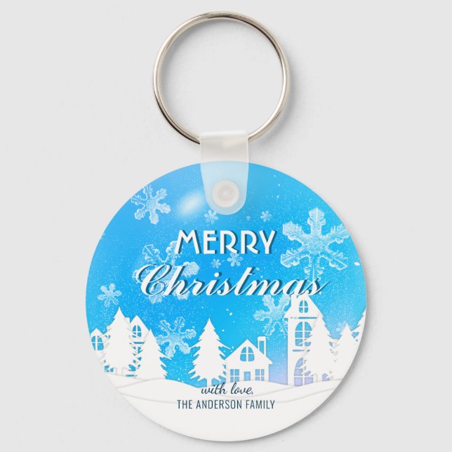 Blue White House Snowflakes Xmas Happy New Year Key Ring (Front)