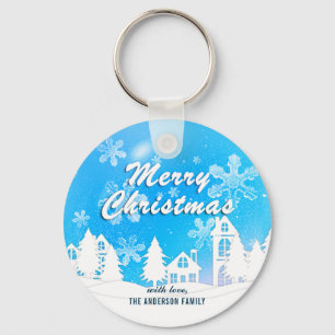 Blue White House Snowflakes Xmas Happy New Year Key Ring
