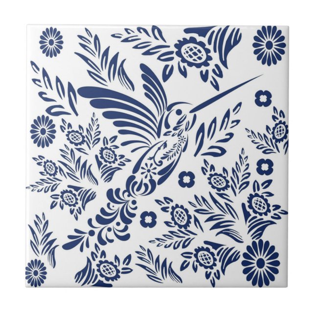 Blue & White Hummingbird Mexican Floral Talavera  Ceramic Tile (Front)