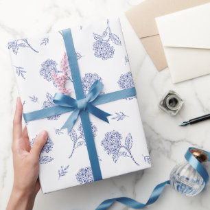 Blue & White Hydrangea Botanical Toile Pattern Wrapping Paper