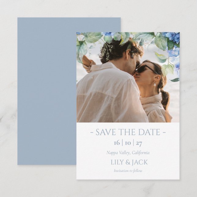  Blue & White Hydrangea Photo Save The Date Card (Front/Back)