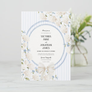 Blue White Hydrangea Stripe Vintage Wedding Invitation