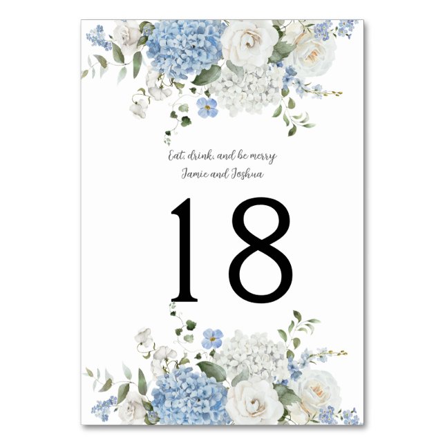 Blue White Hydrangeas, Roses Wedding Table Number (Front)
