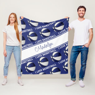 blue white I love basketball girls sports decor Fleece Blanket