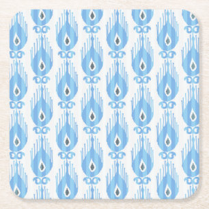 Blue White Ikat Pattern Design Square Paper Coaster