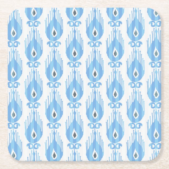 Blue White Ikat Pattern Design Square Paper Coaster (Front)
