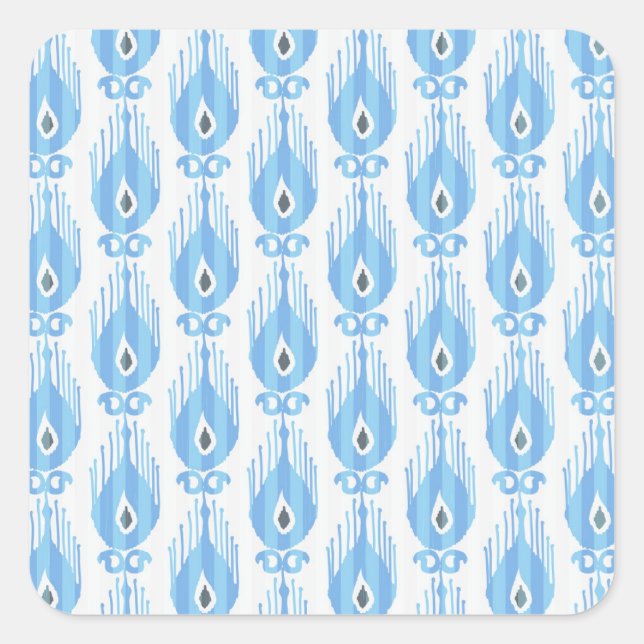 Blue White Ikat Pattern Design Square Sticker (Front)