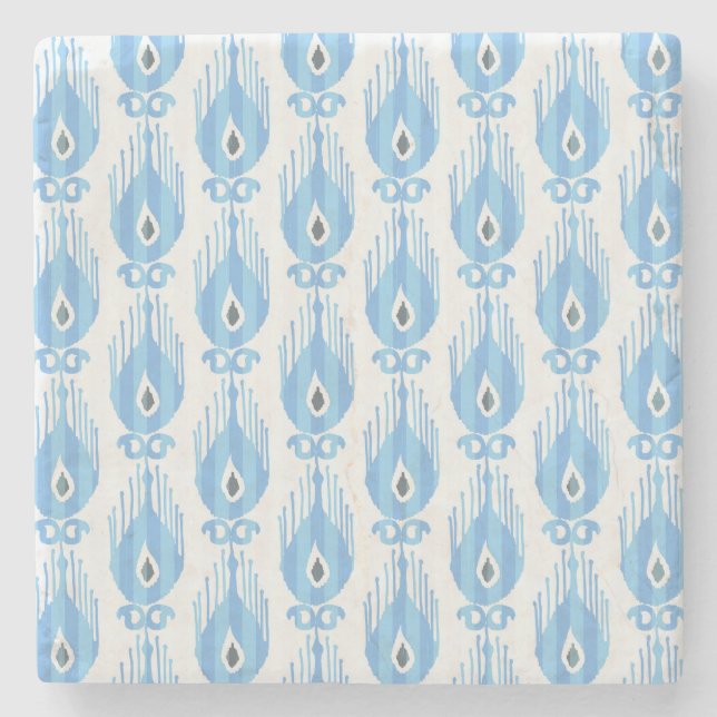 Blue White Ikat Pattern Design Stone Coaster (Front)