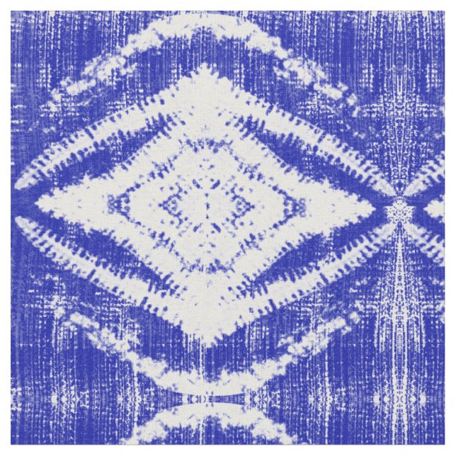 Blue White Ikat Tribal Diamond Pattern Fabric (Close Up)