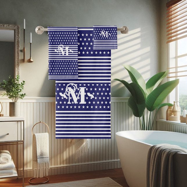 Blue White Independence Day Star & Stripe Monogram Bath Towel Set (Blue White Independence Day Star & Stripe Monogram Bath Towel Set)