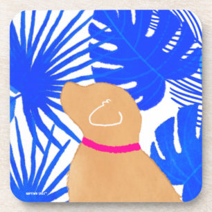 Blue White Island Tropical Yellow Dog Coaster Set