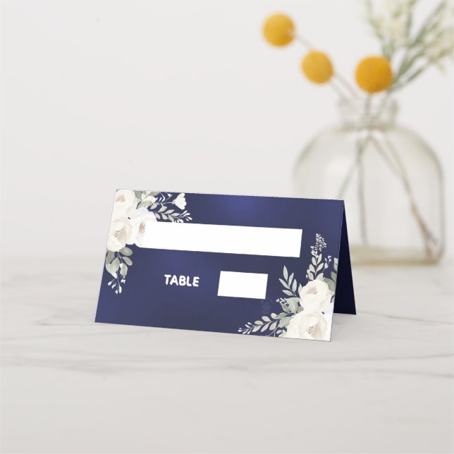 Blue white ivory florals place card (Front)