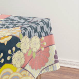 Blue White Japanese Kimono Floral Cotton Dining Tablecloth