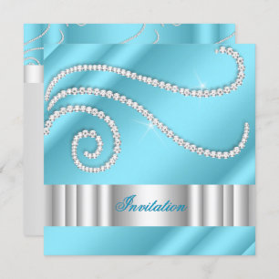 Blue White Jewel diamonds Silver Birthday Party Invitation