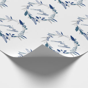 Blue & White JOY Twig Corolla Pattern Christmas Wrapping Paper